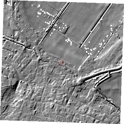 Shaded relief map of the ground around CB61QD, computed from Environment Agency LiDAR. The ground here sits at about 2 m above sea level and falls 11 m across the surrounding 800 m. Surface water reaching this point runs off ground lying to the south-west, 7.4 m higher.