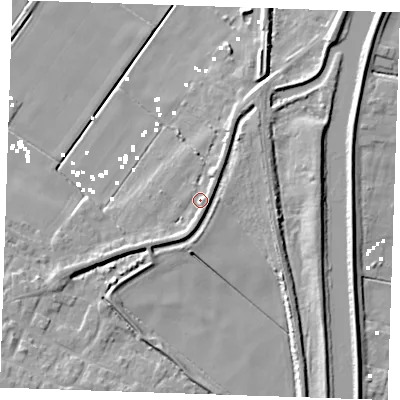 Shaded relief map of the ground around CB61QF, computed from Environment Agency LiDAR. The ground here sits at about 3 m above sea level and falls 10 m across the surrounding 800 m. Surface water reaching this point runs off ground lying to the south-south-west, 2.5 m higher.