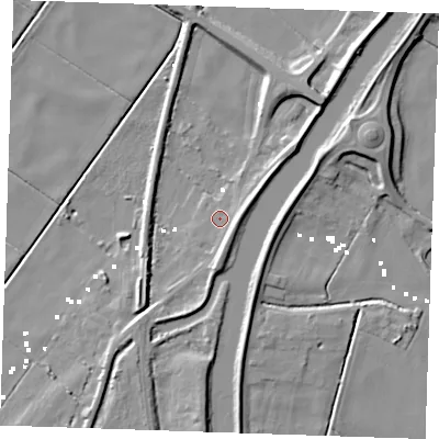 Shaded relief map of the ground around CB61QG, computed from Environment Agency LiDAR. The ground here sits at about 1 m above sea level and falls 9 m across the surrounding 800 m. Surface water reaching this point runs off ground lying to the north-east, 5.7 m higher.