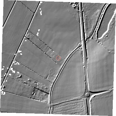 Shaded relief map of the ground around CB61QZ, computed from Environment Agency LiDAR. The ground here sits at about 2 m above sea level and falls 15 m across the surrounding 800 m. Surface water reaching this point runs off ground lying to the east-south-east, 1.6 m higher.
