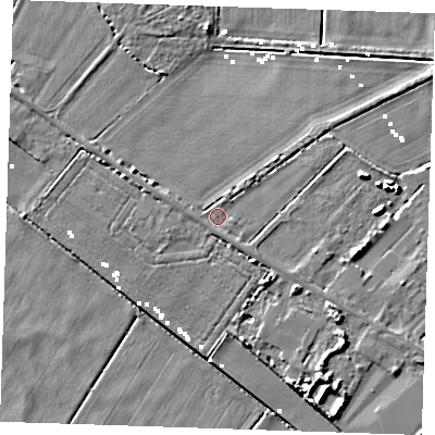 Shaded relief map of the ground around CB61RA, computed from Environment Agency LiDAR. The ground here sits at about 2 m above sea level and falls 8 m across the surrounding 800 m. Surface water reaching this point runs off ground lying to the south-south-east, 0.8 m higher.