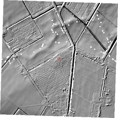 Shaded relief map of the ground around CB61RG, computed from Environment Agency LiDAR. The ground here sits at about 2 m above sea level and falls 8 m across the surrounding 800 m. Surface water reaching this point runs off ground lying to the north, 0.7 m higher.