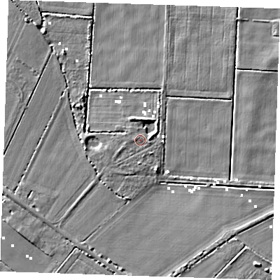 Shaded relief map of the ground around CB61RH, computed from Environment Agency LiDAR. The ground here sits at about 1 m above sea level and falls 7 m across the surrounding 800 m. Surface water reaching this point runs off ground lying to the east-north-east, 2.9 m higher.