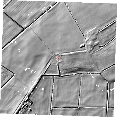 Shaded relief map of the ground around CB61RL, computed from Environment Agency LiDAR. The ground here sits at about 2 m above sea level and falls 9 m across the surrounding 800 m. Surface water reaching this point runs off ground lying to the east-north-east, 2.7 m higher.