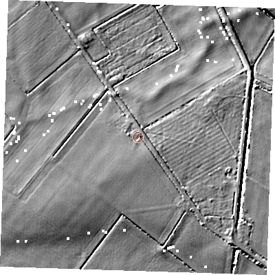 Shaded relief map of the ground around CB61RN, computed from Environment Agency LiDAR. The ground here sits at about 1 m above sea level and falls 7 m across the surrounding 800 m. Surface water reaching this point runs off ground lying to the south-east, 1.8 m higher.