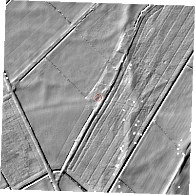 Shaded relief map of the ground around CB61RP, computed from Environment Agency LiDAR. The ground here sits at about -1 m above sea level and falls 5 m across the surrounding 800 m. Surface water reaching this point runs off ground lying to the east-south-east, 1.1 m higher.