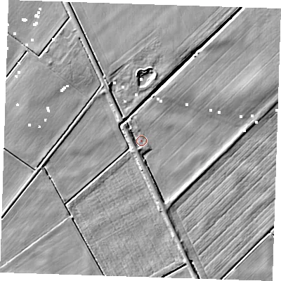 Shaded relief map of the ground around CB61RQ, computed from Environment Agency LiDAR. The ground here sits at about -1 m above sea level and falls 6 m across the surrounding 800 m. Surface water reaching this point runs off ground lying to the east-north-east, 4.0 m higher.