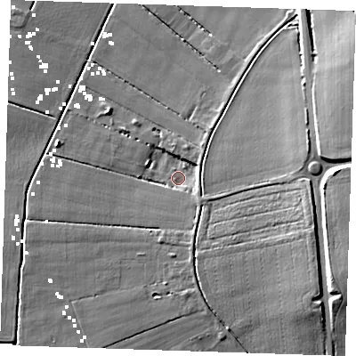 Shaded relief map of the ground around CB61RS, computed from Environment Agency LiDAR. The ground here sits at about 1 m above sea level and falls 16 m across the surrounding 800 m. Surface water reaching this point runs off ground lying to the south-east, 3.2 m higher.
