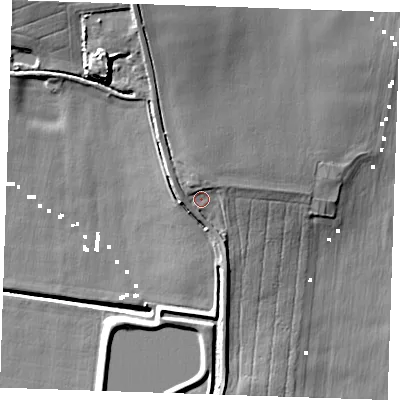 Shaded relief map of the ground around CB61RT, computed from Environment Agency LiDAR. The ground here sits at about 4 m above sea level and falls 14 m across the surrounding 800 m. Surface water reaching this point runs off ground lying to the north-north-west, 6.5 m higher.