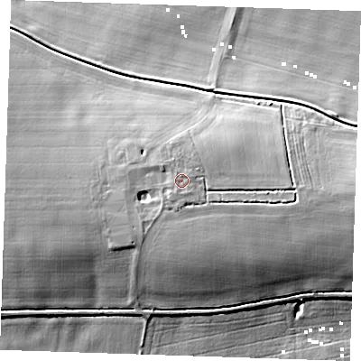 Shaded relief map of the ground around CB61RU, computed from Environment Agency LiDAR. The ground here sits at about 9 m above sea level and falls 11 m across the surrounding 800 m. Surface water reaching this point runs off ground lying to the south-south-west, 2.7 m higher.