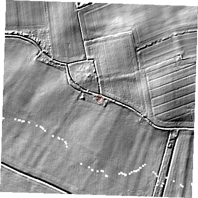 Shaded relief map of the ground around CB61SF, computed from Environment Agency LiDAR. The ground here sits at about 3 m above sea level and falls 20 m across the surrounding 800 m. Surface water reaching this point runs off ground lying to the north-east, 13.9 m higher.