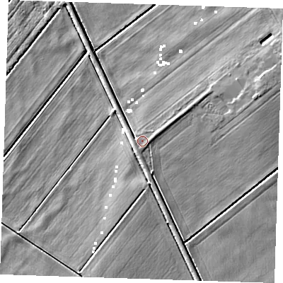 Shaded relief map of the ground around CB61ST, computed from Environment Agency LiDAR. The ground here sits at about 2 m above sea level and falls 6 m across the surrounding 800 m. Surface water reaching this point runs off ground lying to the south-south-west, 0.8 m higher.