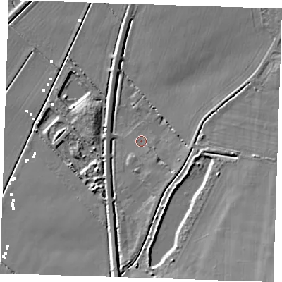 Shaded relief map of the ground around CB61XX, computed from Environment Agency LiDAR. The ground here sits at about 2 m above sea level and falls 13 m across the surrounding 800 m. Surface water reaching this point runs off ground lying to the south-east, 10.2 m higher.
