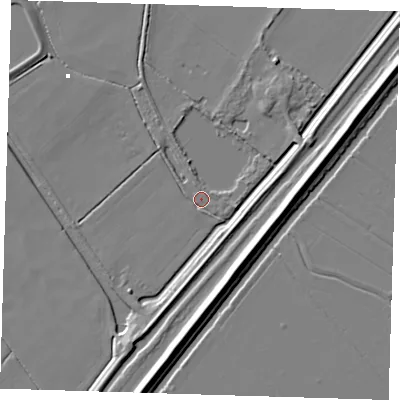 Shaded relief map of the ground around CB62AX, computed from Environment Agency LiDAR. The ground here sits at about -1 m above sea level and falls 9 m across the surrounding 800 m. Surface water reaching this point runs off ground lying to the north-north-west, 2.3 m higher.