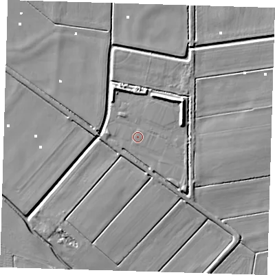 Shaded relief map of the ground around CB62BG, computed from Environment Agency LiDAR. The ground here sits at about 1 m above sea level and falls 7 m across the surrounding 800 m. The ground contributing surface water to this point lies to the north-east.
