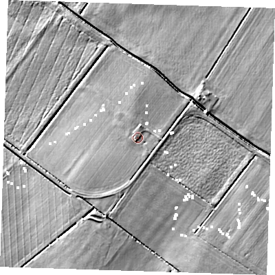 Shaded relief map of the ground around CB62DA, computed from Environment Agency LiDAR. The ground here sits at about 1 m above sea level and falls 6 m across the surrounding 800 m. Surface water reaching this point runs off ground lying to the south-south-west, 2.2 m higher.