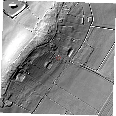 Shaded relief map of the ground around CB62DB, computed from Environment Agency LiDAR. The ground here sits at about 6 m above sea level and falls 20 m across the surrounding 800 m. Surface water reaching this point runs off ground lying to the west-north-west, 11.5 m higher.