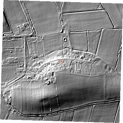 Shaded relief map of the ground around CB62DF, computed from Environment Agency LiDAR. The ground here sits at about 8 m above sea level and falls 12 m across the surrounding 800 m. Surface water reaching this point runs off ground lying to the south, 3.4 m higher.