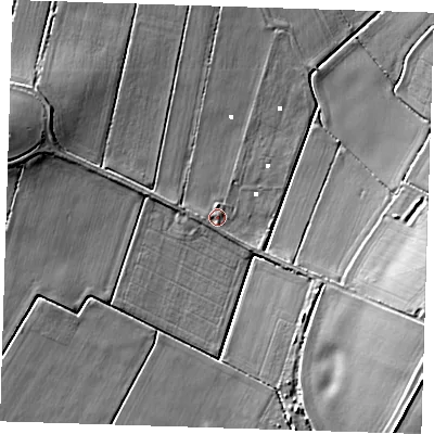 Shaded relief map of the ground around CB62DG, computed from Environment Agency LiDAR. The ground here sits at about 1 m above sea level and falls 14 m across the surrounding 800 m. Surface water reaching this point runs off ground lying to the north, 0.9 m higher.