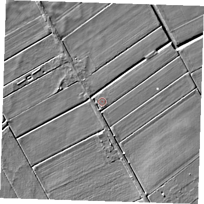 Shaded relief map of the ground around CB62DR, computed from Environment Agency LiDAR. The ground here sits at about -0 m above sea level and falls 7 m across the surrounding 800 m. Surface water reaching this point runs off ground lying to the south-south-west, 1.8 m higher.