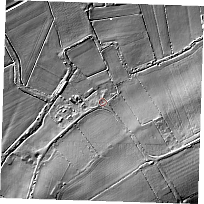 Shaded relief map of the ground around CB62DT, computed from Environment Agency LiDAR. The ground here sits at about 5 m above sea level and falls 20 m across the surrounding 800 m. Surface water reaching this point runs off ground lying to the south-east, 1.2 m higher.