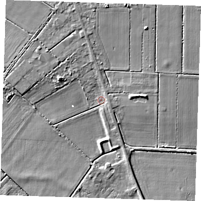 Shaded relief map of the ground around CB62DY, computed from Environment Agency LiDAR. The ground here sits at about 0 m above sea level and falls 8 m across the surrounding 800 m. Surface water reaching this point runs off ground lying to the north, 2.6 m higher.