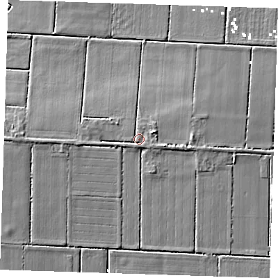 Shaded relief map of the ground around CB62EF, computed from Environment Agency LiDAR. The ground here sits at about 4 m above sea level and falls 6 m across the surrounding 800 m. Surface water reaching this point runs off ground lying to the east-north-east, 1.4 m higher.
