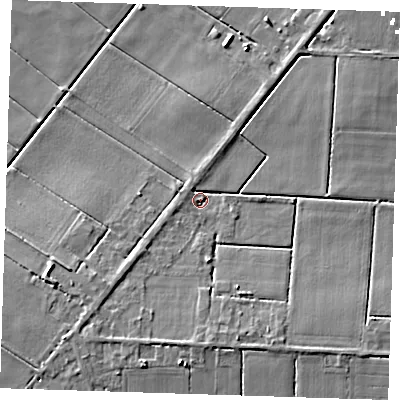 Shaded relief map of the ground around CB62EG, computed from Environment Agency LiDAR. The ground here sits at about 1 m above sea level and falls 7 m across the surrounding 800 m. Surface water reaching this point runs off ground lying to the south, 4.5 m higher.