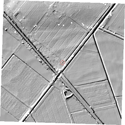 Shaded relief map of the ground around CB62EH, computed from Environment Agency LiDAR. The ground here sits at about -1 m above sea level and falls 10 m across the surrounding 800 m. Surface water reaching this point runs off ground lying to the west-south-west, 5.2 m higher.