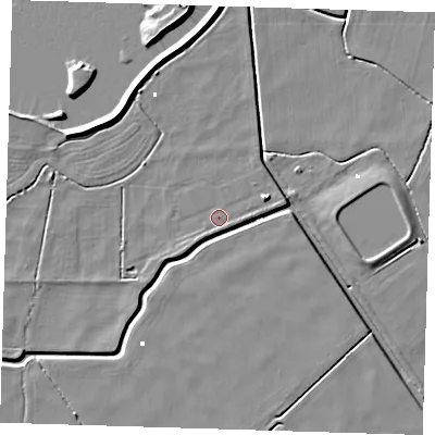 Shaded relief map of the ground around CB62FF, computed from Environment Agency LiDAR. The ground here sits at about -0 m above sea level and falls 8 m across the surrounding 800 m. Surface water reaching this point runs off ground lying to the east-north-east, 2.4 m higher.