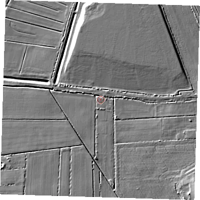 Shaded relief map of the ground around CB62FJ, computed from Environment Agency LiDAR. The ground here sits at about 2 m above sea level and falls 9 m across the surrounding 800 m. Surface water reaching this point runs off ground lying to the south-east, 5.8 m higher.