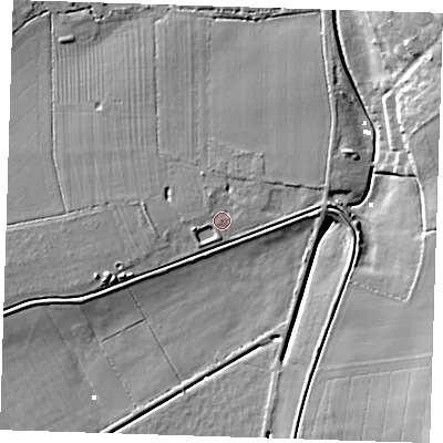 Shaded relief map of the ground around CB62JE, computed from Environment Agency LiDAR. The ground here sits at about 4 m above sea level and falls 12 m across the surrounding 800 m. Surface water reaching this point runs off ground lying to the north-north-west, 2.2 m higher.