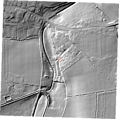 Shaded relief map of the ground around CB62JT, computed from Environment Agency LiDAR. The ground here sits at about 5 m above sea level and falls 17 m across the surrounding 800 m. Surface water reaching this point runs off ground lying to the east, 9.5 m higher.