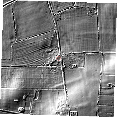 Shaded relief map of the ground around CB62LE, computed from Environment Agency LiDAR. The ground here sits at about 9 m above sea level and falls 19 m across the surrounding 800 m. Surface water reaching this point runs off ground lying to the south-south-east, 12.4 m higher.
