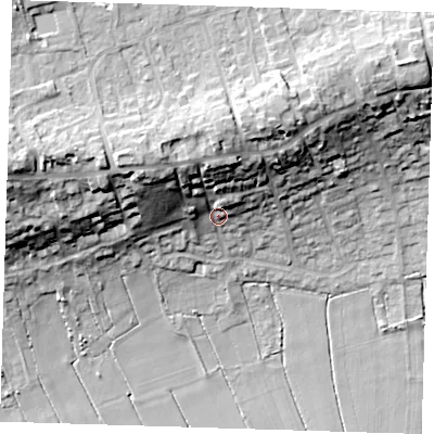 Shaded relief map of the ground around CB62NE, computed from Environment Agency LiDAR. The ground here sits at about 9 m above sea level and falls 27 m across the surrounding 800 m. Surface water reaching this point runs off ground lying to the north-west, 16.9 m higher.