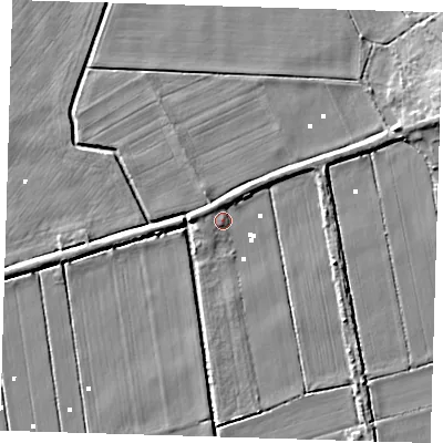 Shaded relief map of the ground around CB62PA, computed from Environment Agency LiDAR. The ground here sits at about 1 m above sea level and falls 6 m across the surrounding 800 m. Surface water reaching this point runs off ground lying to the west-north-west, 2.6 m higher.