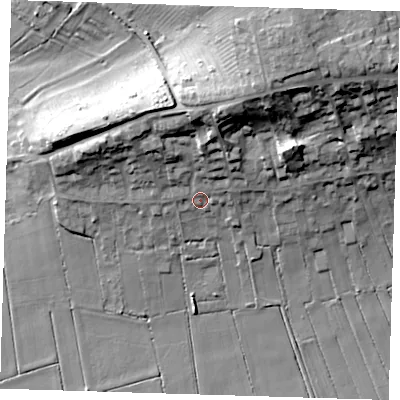 Shaded relief map of the ground around CB62PB, computed from Environment Agency LiDAR. The ground here sits at about 8 m above sea level and falls 30 m across the surrounding 800 m. Surface water reaching this point runs off ground lying to the north-north-east, 17.3 m higher.