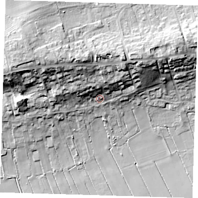 Shaded relief map of the ground around CB62PD, computed from Environment Agency LiDAR. The ground here sits at about 10 m above sea level and falls 29 m across the surrounding 800 m. Surface water reaching this point runs off ground lying to the north-north-west, 18.7 m higher.