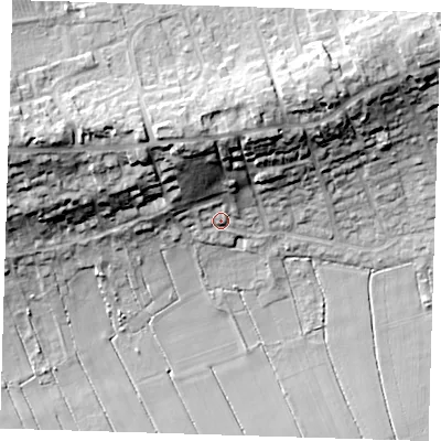 Shaded relief map of the ground around CB62PQ, computed from Environment Agency LiDAR. The ground here sits at about 7 m above sea level and falls 27 m across the surrounding 800 m. Surface water reaching this point runs off ground lying to the north-north-west, 18.1 m higher.