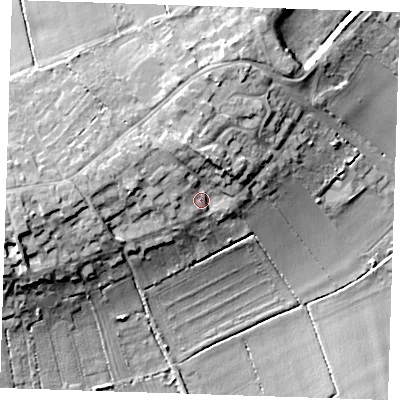 Shaded relief map of the ground around CB62SR, computed from Environment Agency LiDAR. The ground here sits at about 16 m above sea level and falls 17 m across the surrounding 800 m. Surface water reaching this point runs off ground lying to the north, 6.5 m higher.