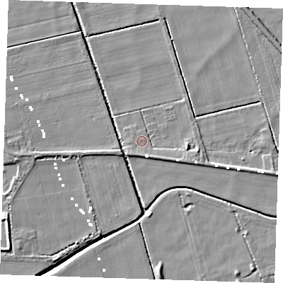 Shaded relief map of the ground around CB62TY, computed from Environment Agency LiDAR. The ground here sits at about -1 m above sea level and falls 8 m across the surrounding 800 m. Surface water reaching this point runs off ground lying to the south-west, 2.2 m higher.
