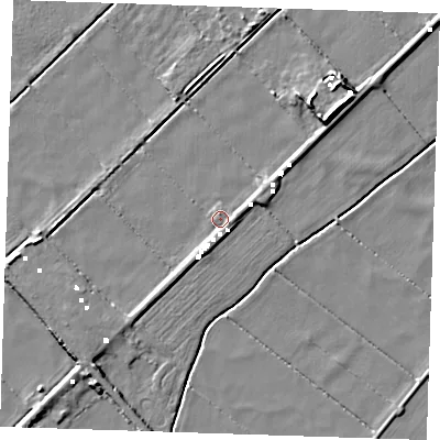 Shaded relief map of the ground around CB62TZ, computed from Environment Agency LiDAR. The ground here sits at about -1 m above sea level and falls 7 m across the surrounding 800 m. Surface water reaching this point runs off ground lying to the south-west, 3.7 m higher.
