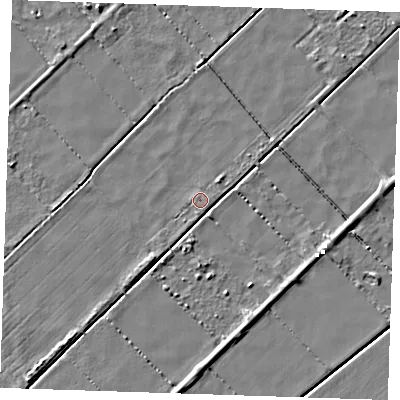 Shaded relief map of the ground around CB62UB, computed from Environment Agency LiDAR. The ground here sits at about -1 m above sea level and falls 4 m across the surrounding 800 m. Surface water reaching this point runs off ground lying to the north-east, 1.4 m higher.