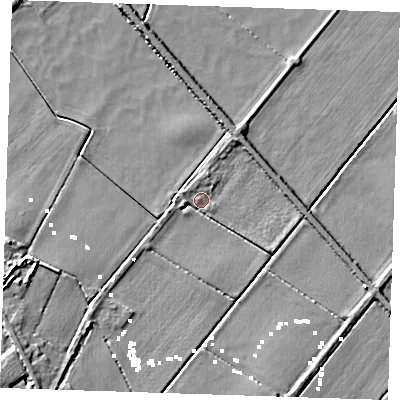 Shaded relief map of the ground around CB62UG, computed from Environment Agency LiDAR. The ground here sits at about -1 m above sea level and falls 8 m across the surrounding 800 m. Surface water reaching this point runs off ground lying to the south-west, 4.9 m higher.