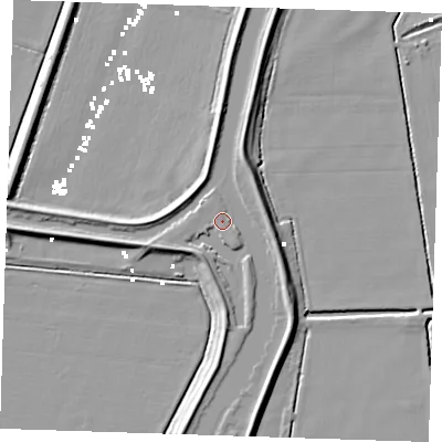 Shaded relief map of the ground around CB63HR, computed from Environment Agency LiDAR. The ground here sits at about 2 m above sea level and falls 8 m across the surrounding 800 m. Surface water reaching this point runs off ground lying to the south-east, 2.6 m higher.
