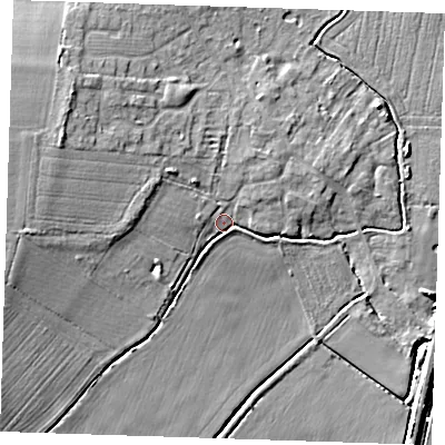 Shaded relief map of the ground around CB63HY, computed from Environment Agency LiDAR. The ground here sits at about 4 m above sea level and falls 11 m across the surrounding 800 m. Surface water reaching this point runs off ground lying to the west-north-west, 8.3 m higher.