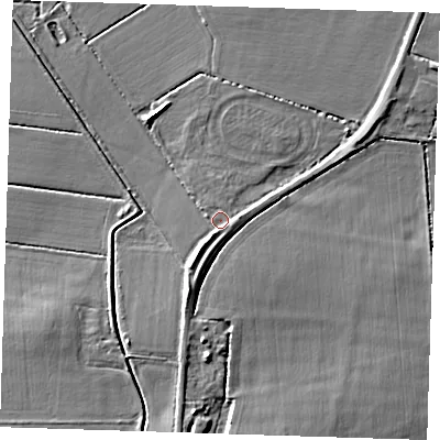 Shaded relief map of the ground around CB63LU, computed from Environment Agency LiDAR. The ground here sits at about 5 m above sea level and falls 5 m across the surrounding 800 m. Surface water reaching this point runs off ground lying to the south-east, 1.3 m higher.