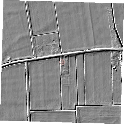 Shaded relief map of the ground around CB63PA, computed from Environment Agency LiDAR. The ground here sits at about 1 m above sea level and falls 5 m across the surrounding 800 m. Surface water reaching this point runs off ground lying to the north-north-east, 1.5 m higher.