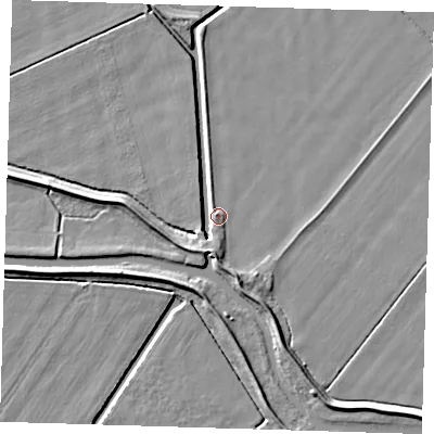 Shaded relief map of the ground around CB63PD, computed from Environment Agency LiDAR. The ground here sits at about 2 m above sea level and falls 6 m across the surrounding 800 m. Surface water reaching this point runs off ground lying to the south, 3.3 m higher.