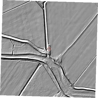 Shaded relief map of the ground around CB63PF, computed from Environment Agency LiDAR. The ground here sits at about 2 m above sea level and falls 6 m across the surrounding 800 m. Surface water reaching this point runs off ground lying to the south, 3.3 m higher.